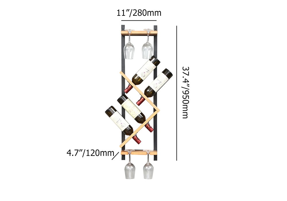 HMR - Modern Wall Mounted Wood Wine Rack 4-Bottle & 4 Wine Glass Rack Stemware Holder Rack