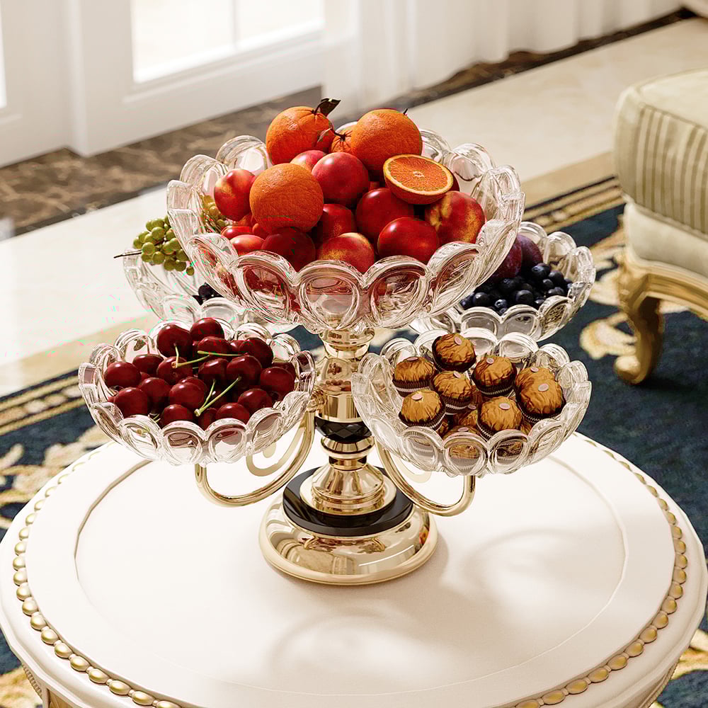 HMR - Rotatable Glass Fruit Basket Multilayer Decor Bowl with Base in Rose Gold