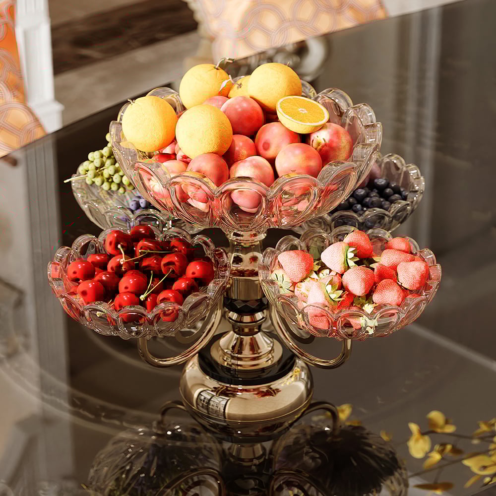 HMR - Rotatable Glass Fruit Basket Multilayer Decor Bowl with Base in Rose Gold