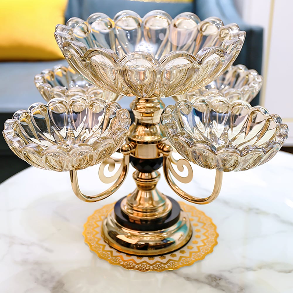 HMR - Rotatable Glass Fruit Basket Multilayer Decor Bowl with Base in Rose Gold