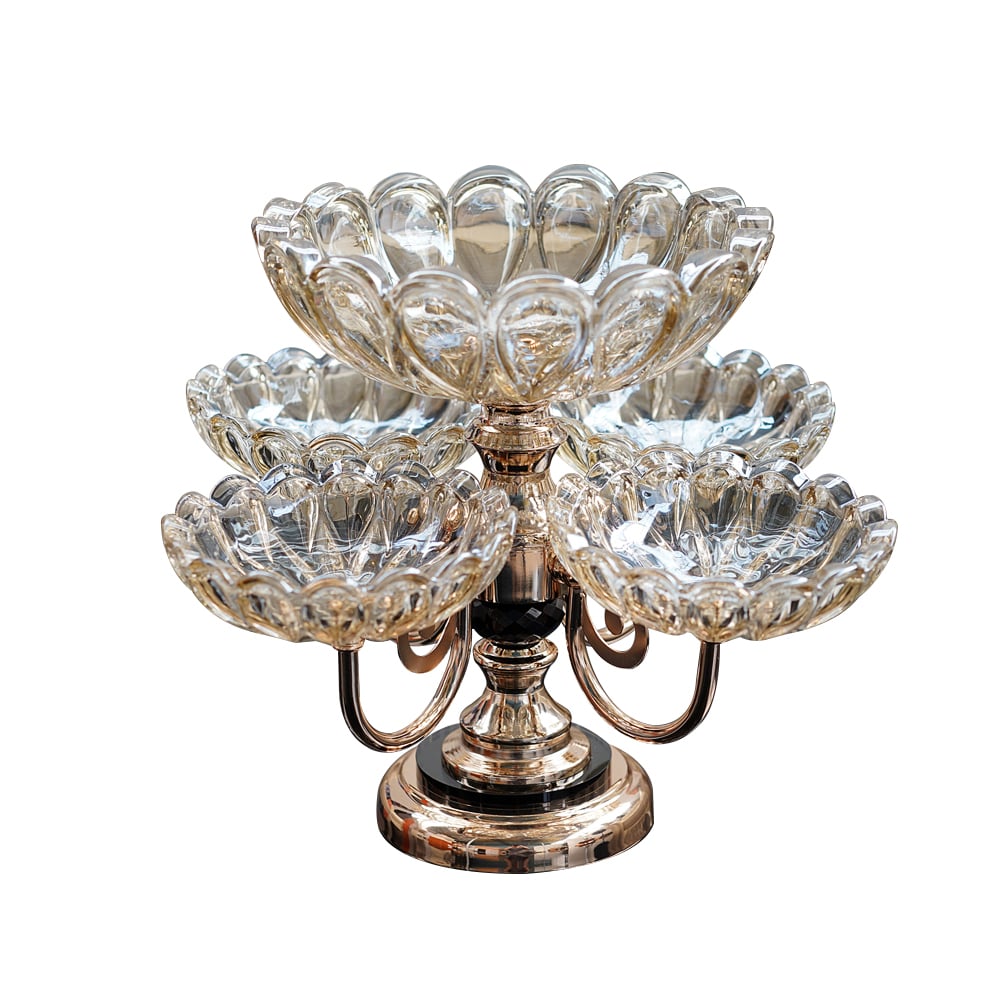 HMR - Rotatable Glass Fruit Basket Multilayer Decor Bowl with Base in Rose Gold