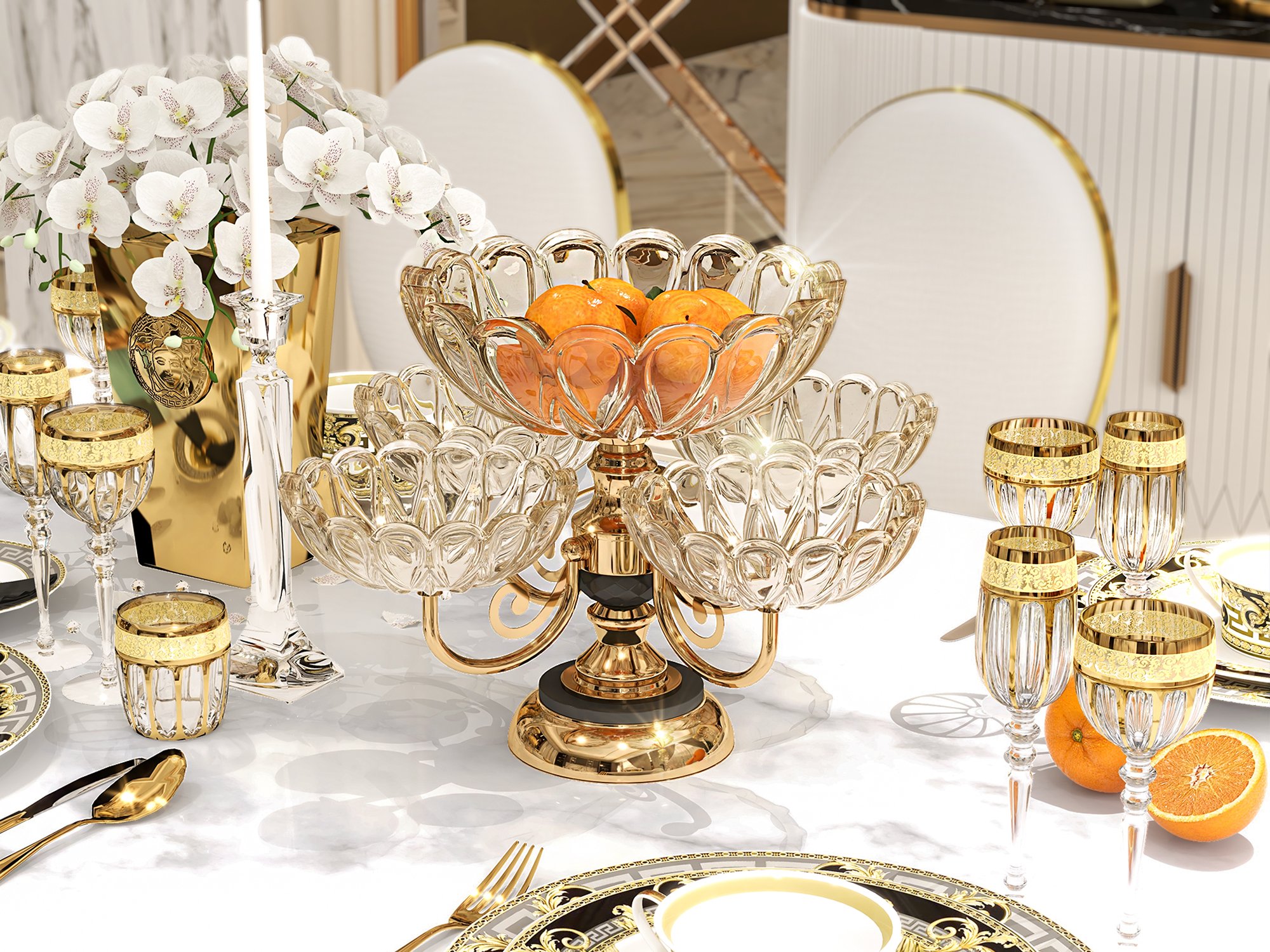 HMR - Rotatable Glass Fruit Basket Multilayer Decor Bowl with Base in Rose Gold