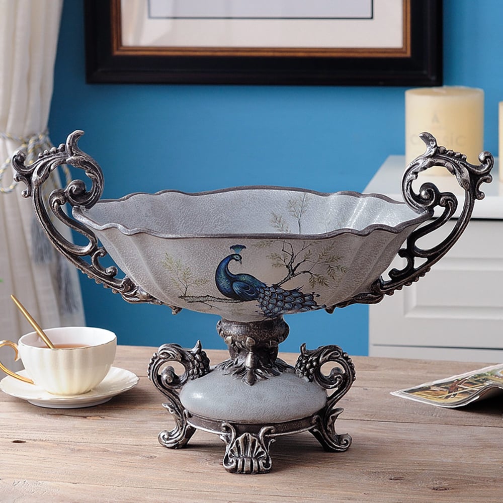 HMR - Gray & Blue Resin Fruit Basket Bowl Decor Snack Tray Storage with Handle
