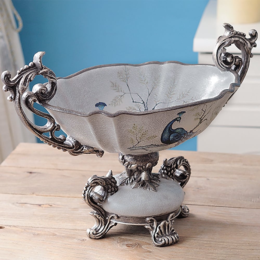 HMR - Gray & Blue Resin Fruit Basket Bowl Decor Snack Tray Storage with Handle