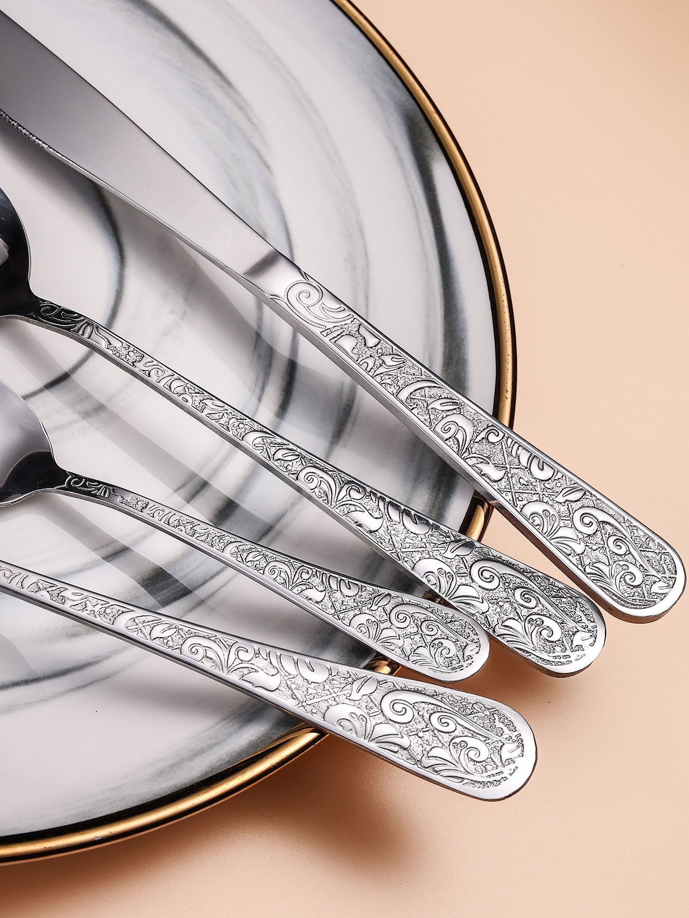 HMR - Vintage 48-Piece Engraved Flatware Set Stainless Steel Silver Kitchen Cutlery Set for 12