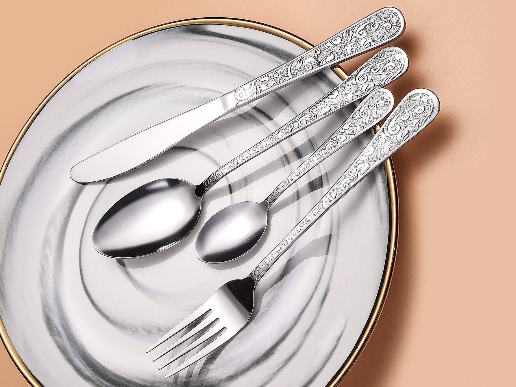 HMR - Vintage 48-Piece Engraved Flatware Set Stainless Steel Silver Kitchen Cutlery Set for 12