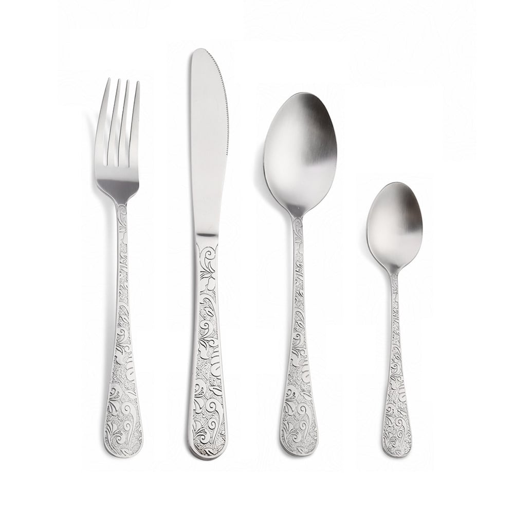 HMR - Vintage 48-Piece Engraved Flatware Set Stainless Steel Silver Kitchen Cutlery Set for 12