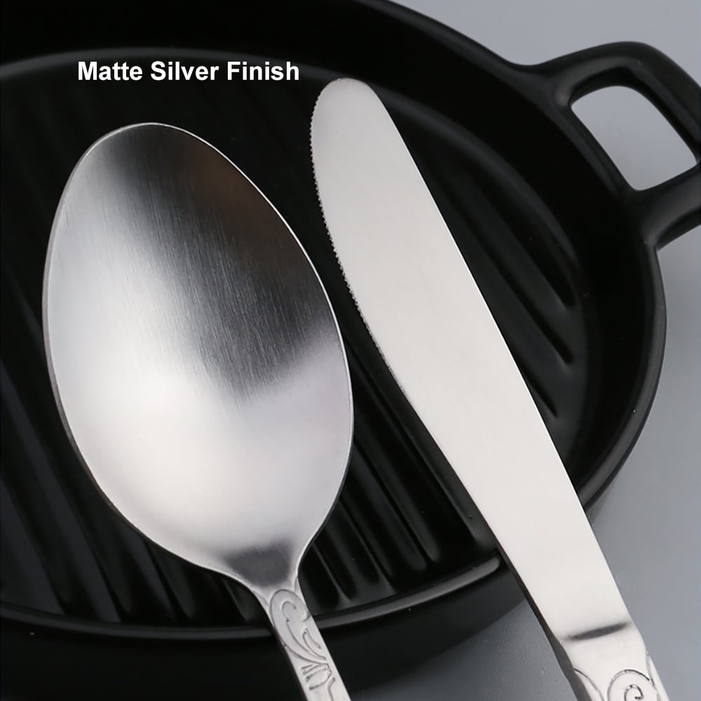 HMR - Vintage 48-Piece Engraved Flatware Set Stainless Steel Silver Kitchen Cutlery Set for 12