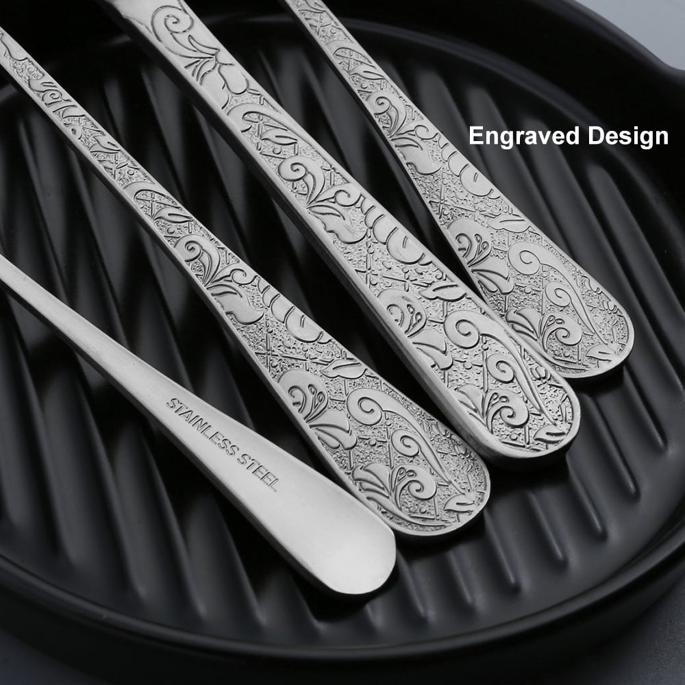 HMR - Vintage 48-Piece Engraved Flatware Set Stainless Steel Silver Kitchen Cutlery Set for 12