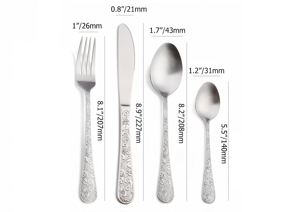 HMR - Vintage 48-Piece Engraved Flatware Set Stainless Steel Silver Kitchen Cutlery Set for 12