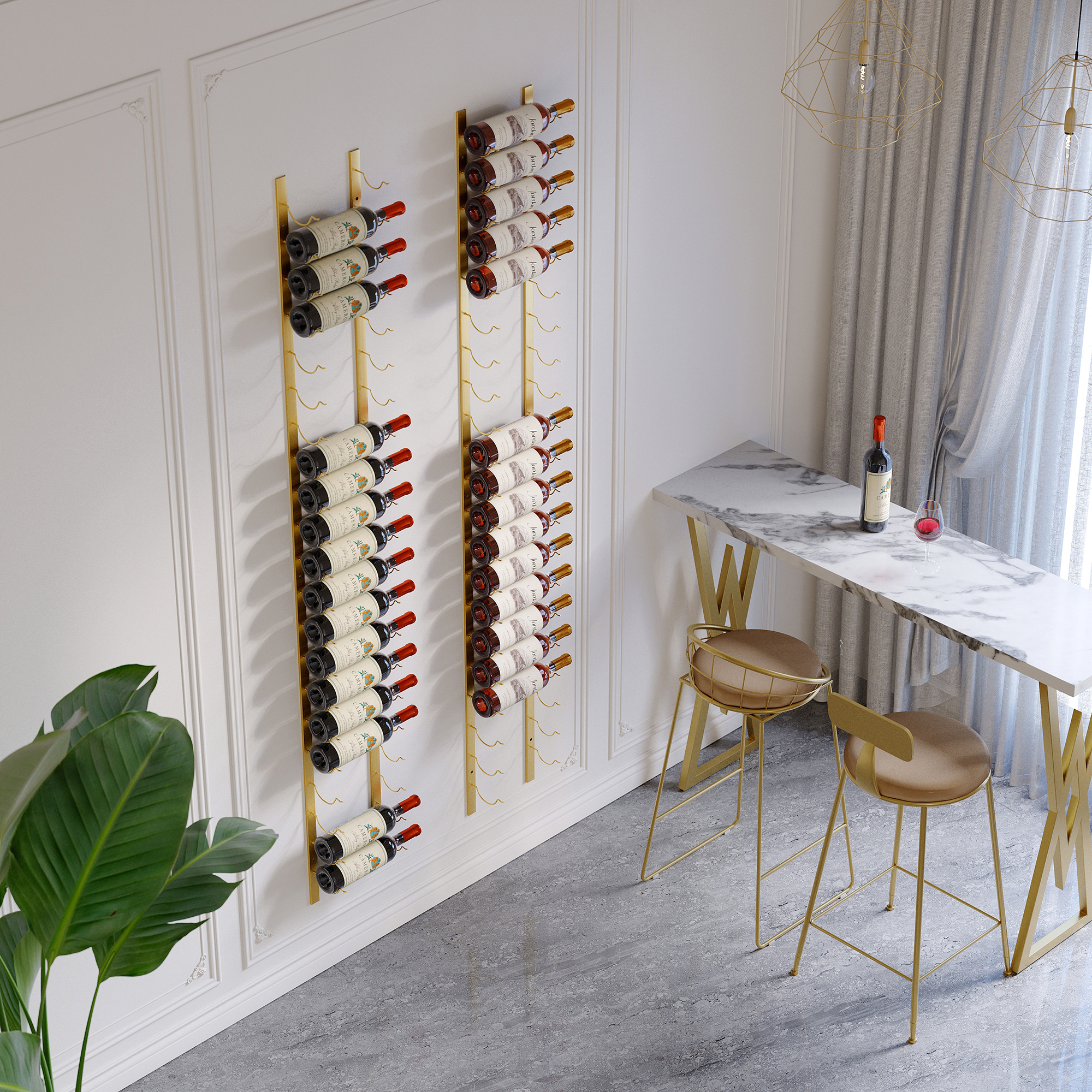 HMR - Modern Gold Wall Mounted Wine Bottle Rack 21-Bottle Metal Wine Rack