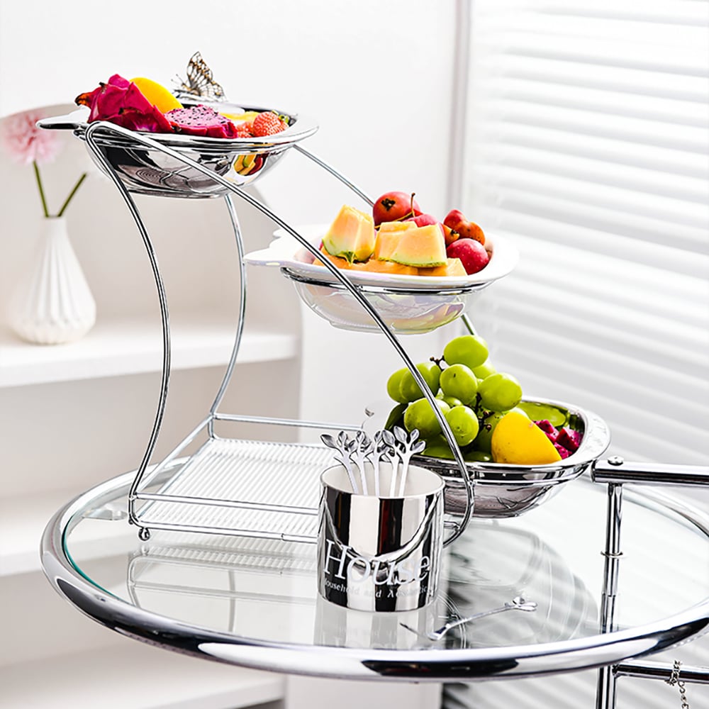 HMR - 3 Tiered White & Silver Fruit Basket Decor Ceramic Snack Tray with Acrylic Storage
