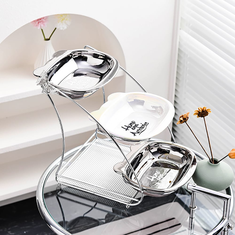 HMR - 3 Tiered White & Silver Fruit Basket Decor Ceramic Snack Tray with Acrylic Storage