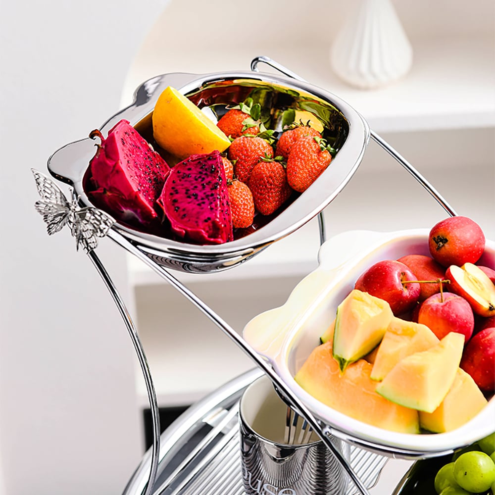 HMR - 3 Tiered White & Silver Fruit Basket Decor Ceramic Snack Tray with Acrylic Storage