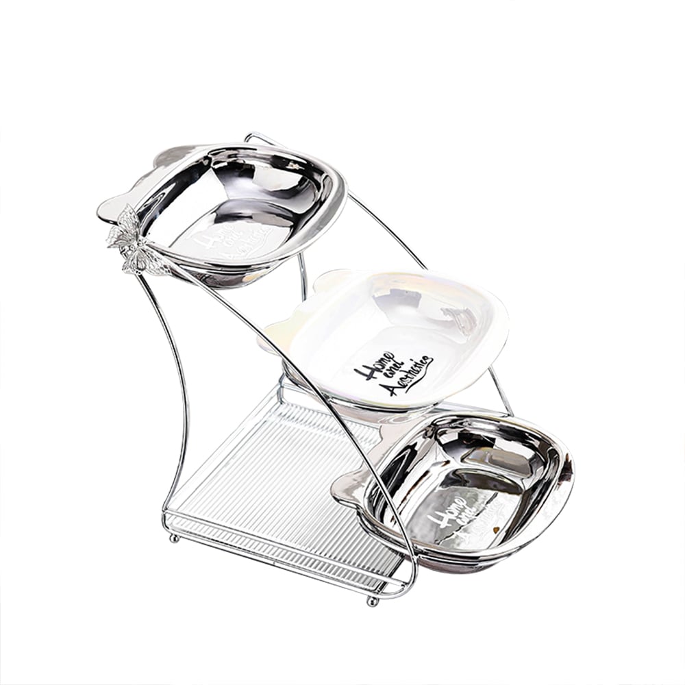 HMR - 3 Tiered White & Silver Fruit Basket Decor Ceramic Snack Tray with Acrylic Storage