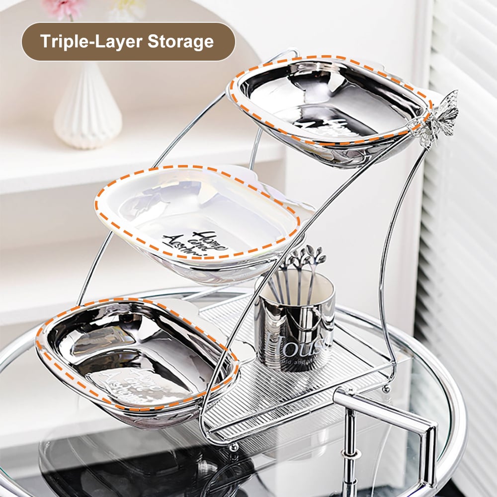 HMR - 3 Tiered White & Silver Fruit Basket Decor Ceramic Snack Tray with Acrylic Storage