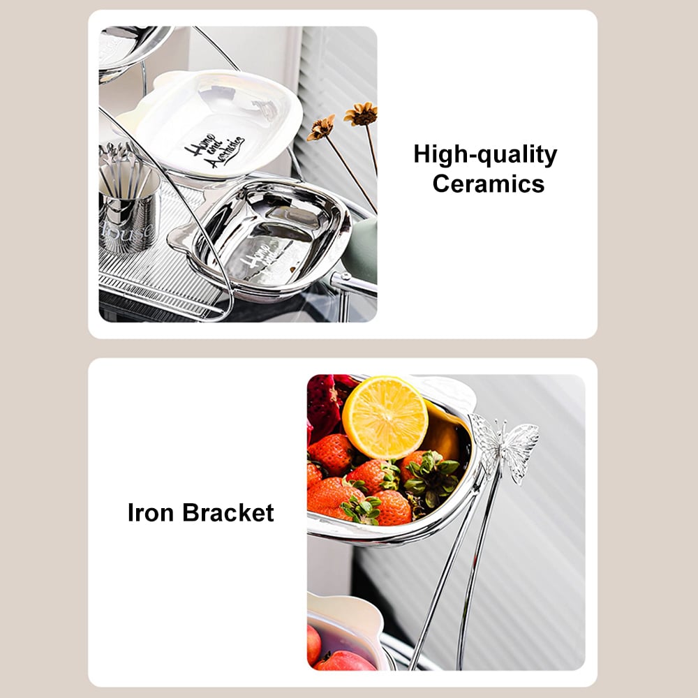 HMR - 3 Tiered White & Silver Fruit Basket Decor Ceramic Snack Tray with Acrylic Storage