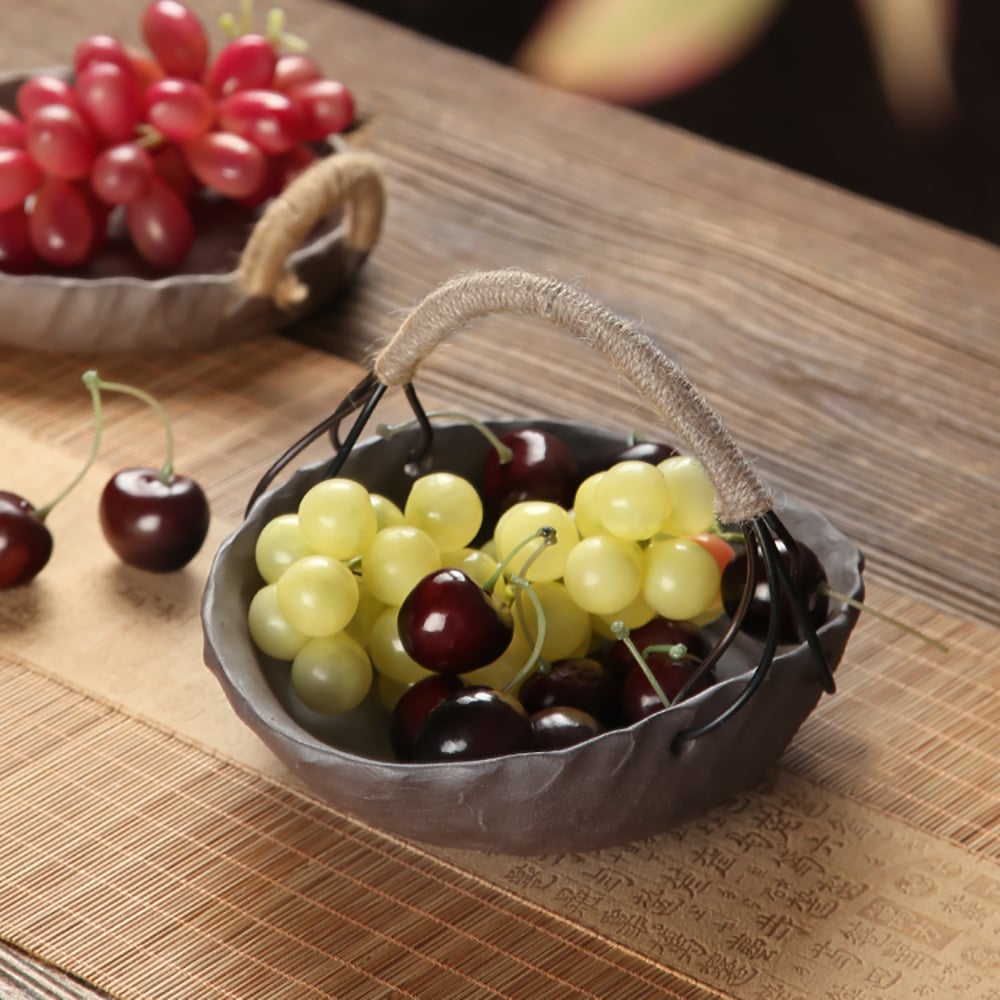 HMR - Oval Porcelain Fruit Bowl with Handle in Brown Distressed Fruit Basket Decor