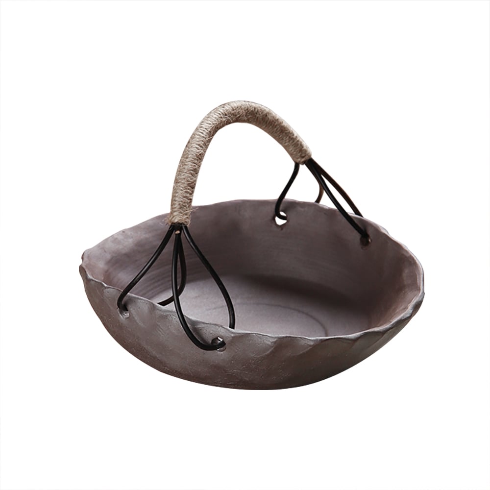 HMR - Oval Porcelain Fruit Bowl with Handle in Brown Distressed Fruit Basket Decor