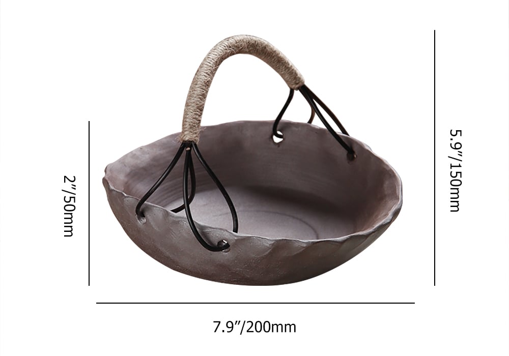 HMR - Oval Porcelain Fruit Bowl with Handle in Brown Distressed Fruit Basket Decor