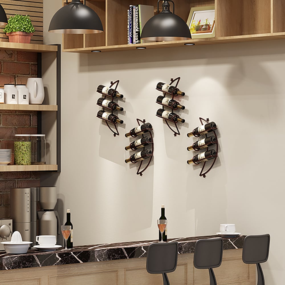 HMR - 4 Pieces 12 Bottles Moon Shaped Metal Wine Rack Wall Mounted in Bronze