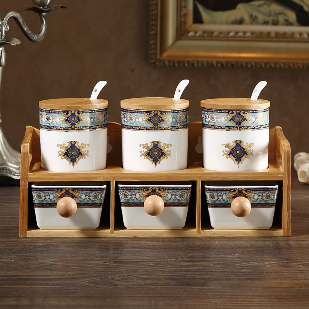 HMR - 2-Tier 6 Jar Spice Seasoning Jar & Rack Set Ceramic Organizers with Lid in White