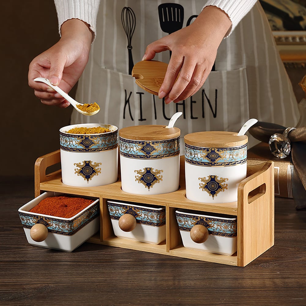 HMR - 2-Tier 6 Jar Spice Seasoning Jar & Rack Set Ceramic Organizers with Lid in White