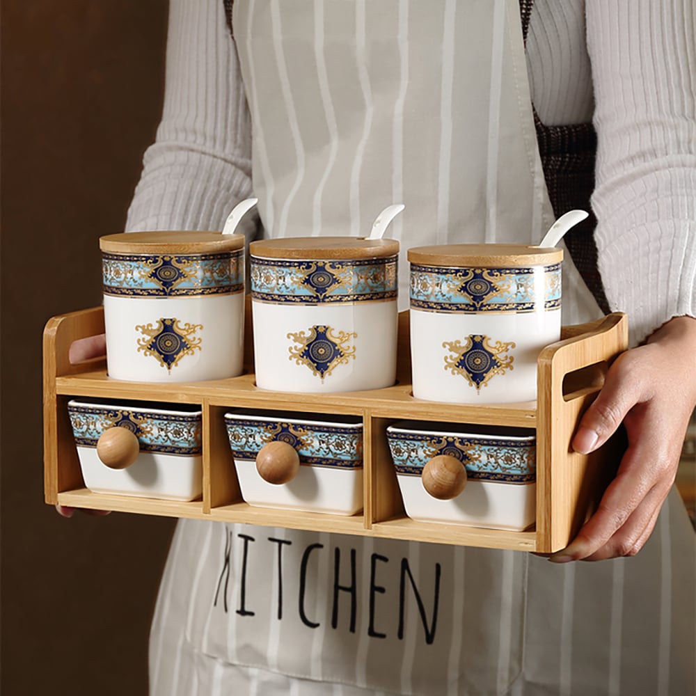 HMR - 2-Tier 6 Jar Spice Seasoning Jar & Rack Set Ceramic Organizers with Lid in White