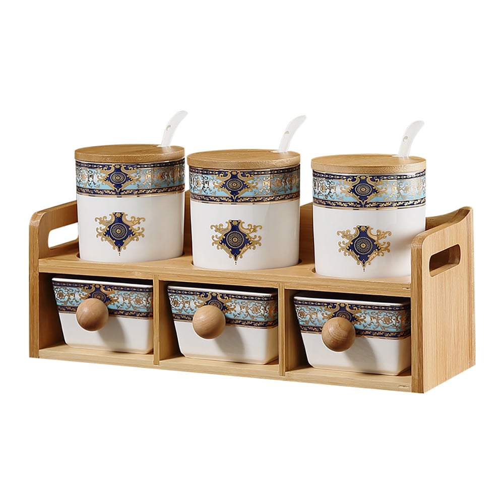 HMR - 2-Tier 6 Jar Spice Seasoning Jar & Rack Set Ceramic Organizers with Lid in White