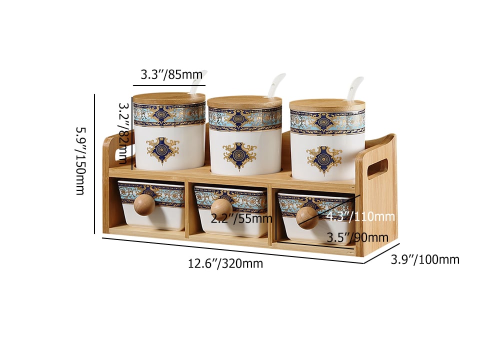HMR - 2-Tier 6 Jar Spice Seasoning Jar & Rack Set Ceramic Organizers with Lid in White