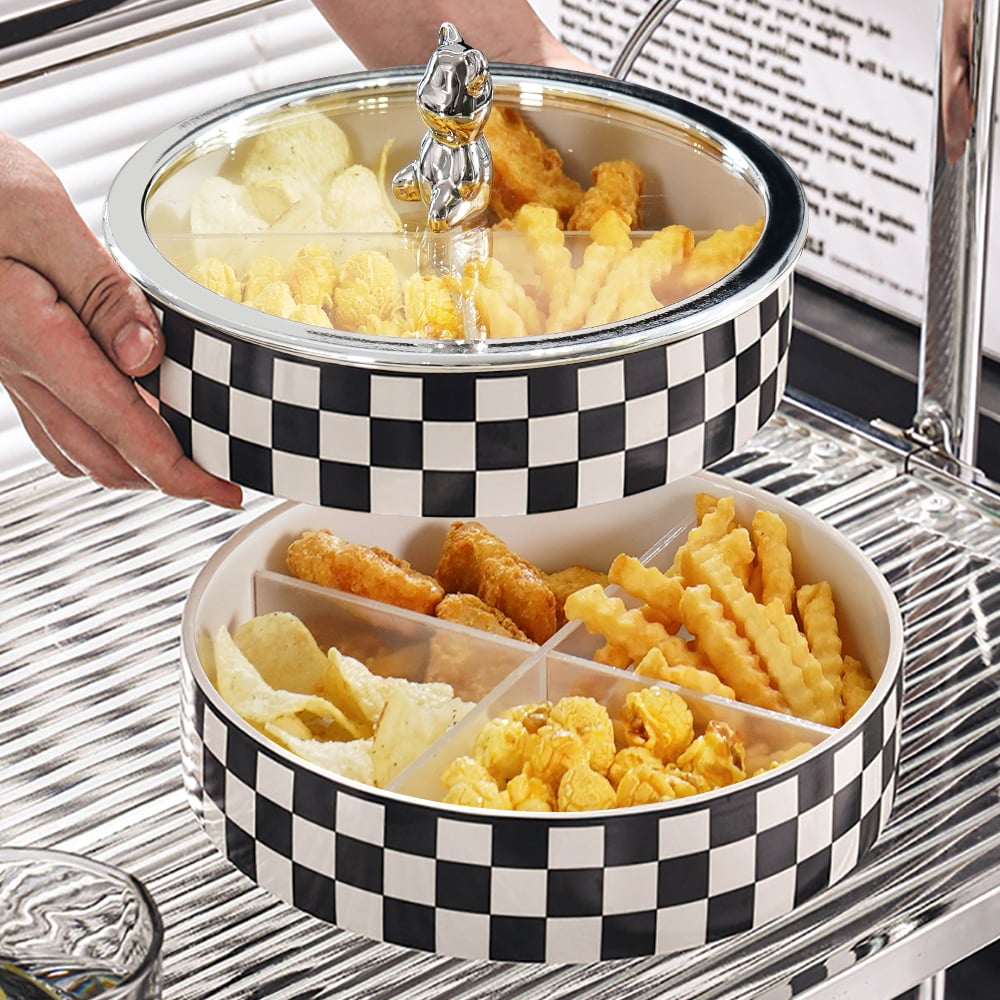 HMR - Modern 8.9" Divided Serving Tray with Lid 2 Tiered Snack Tray Food Storage Containers