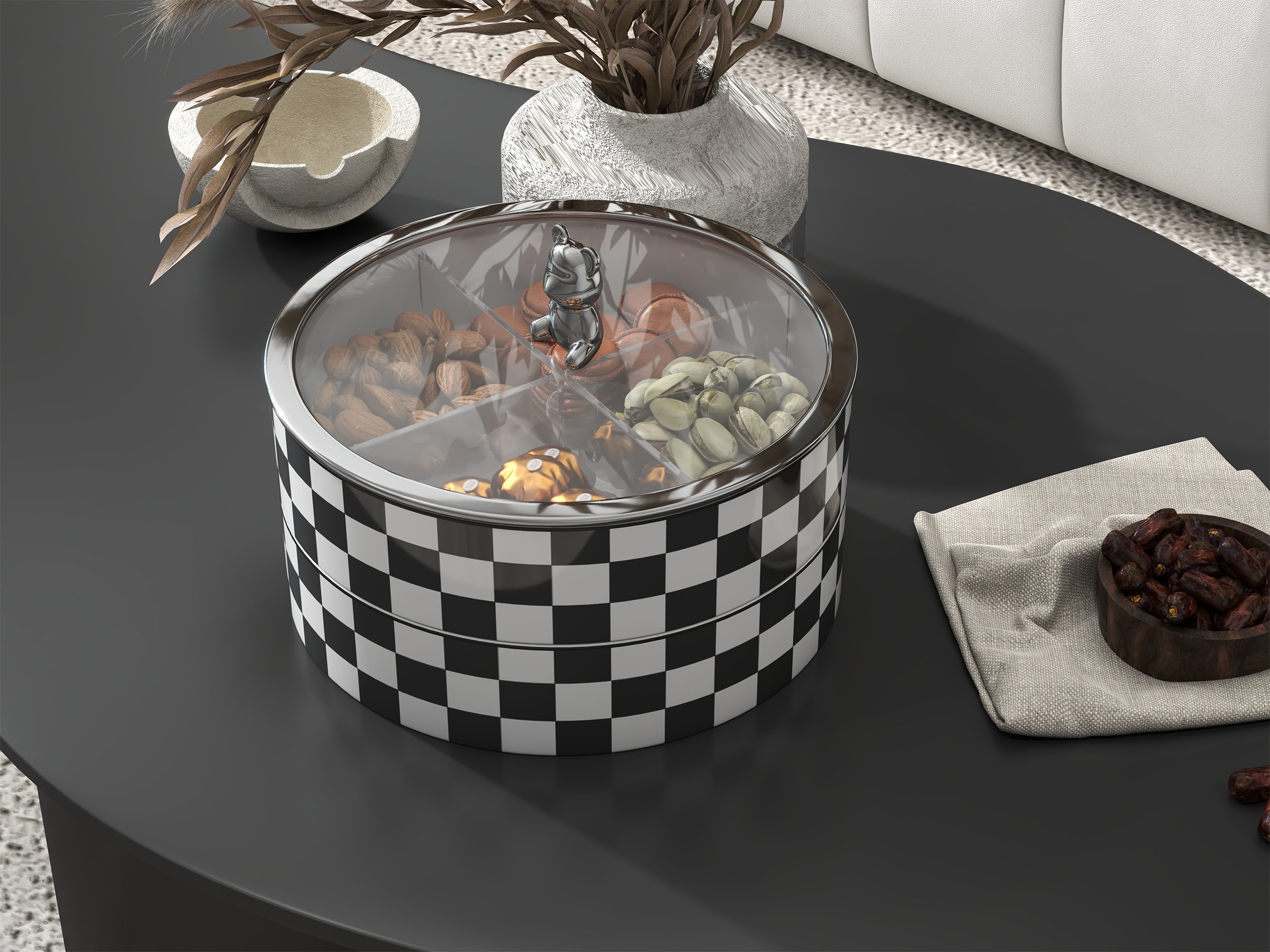 HMR - Modern 8.9" Divided Serving Tray with Lid 2 Tiered Snack Tray Food Storage Containers