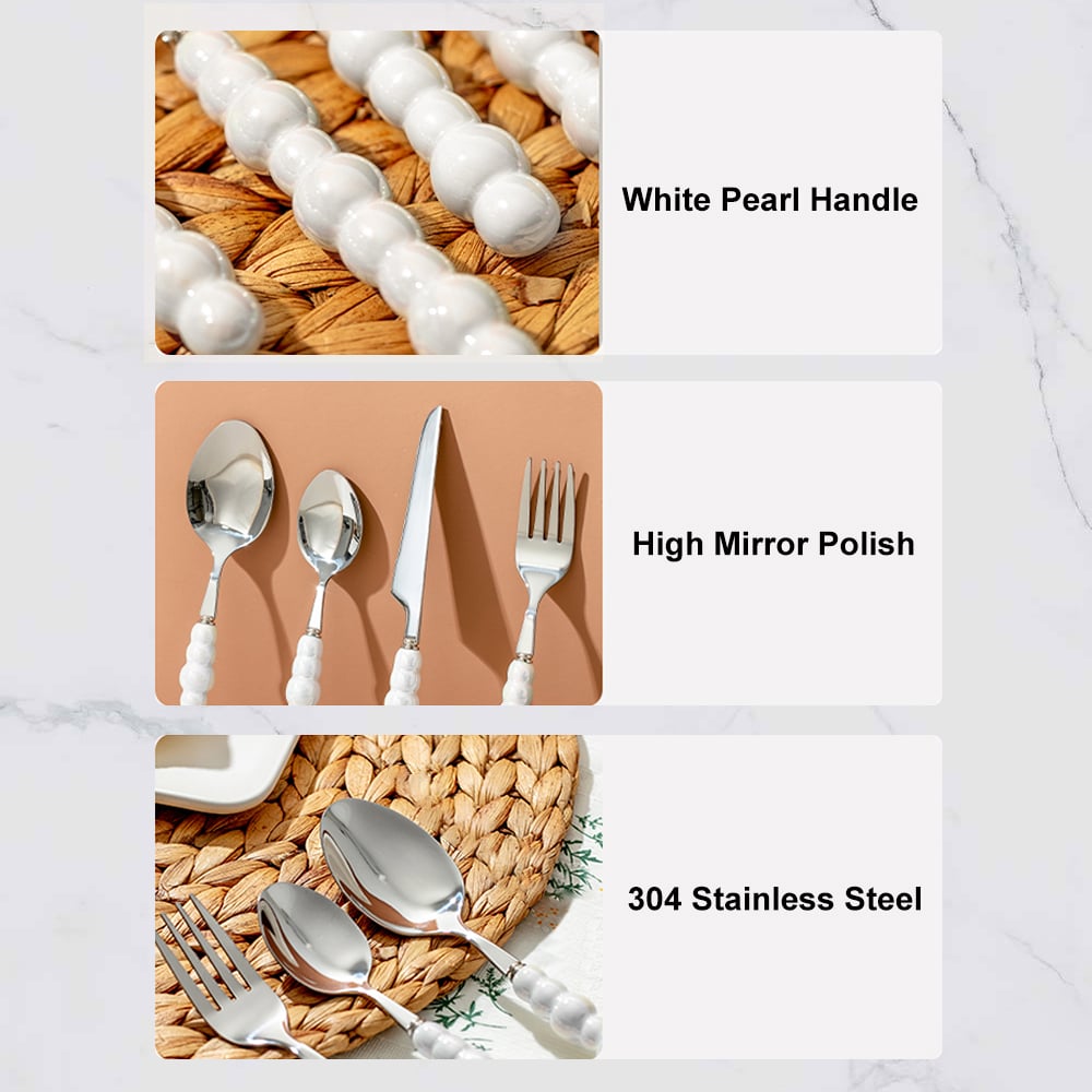 HMR - Modern Flatware Set for 4 Ceramic Unique White Pearl 16-Piece Cutlery Set