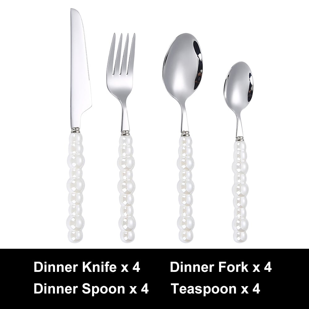 HMR - Modern Flatware Set for 4 Ceramic Unique White Pearl 16-Piece Cutlery Set