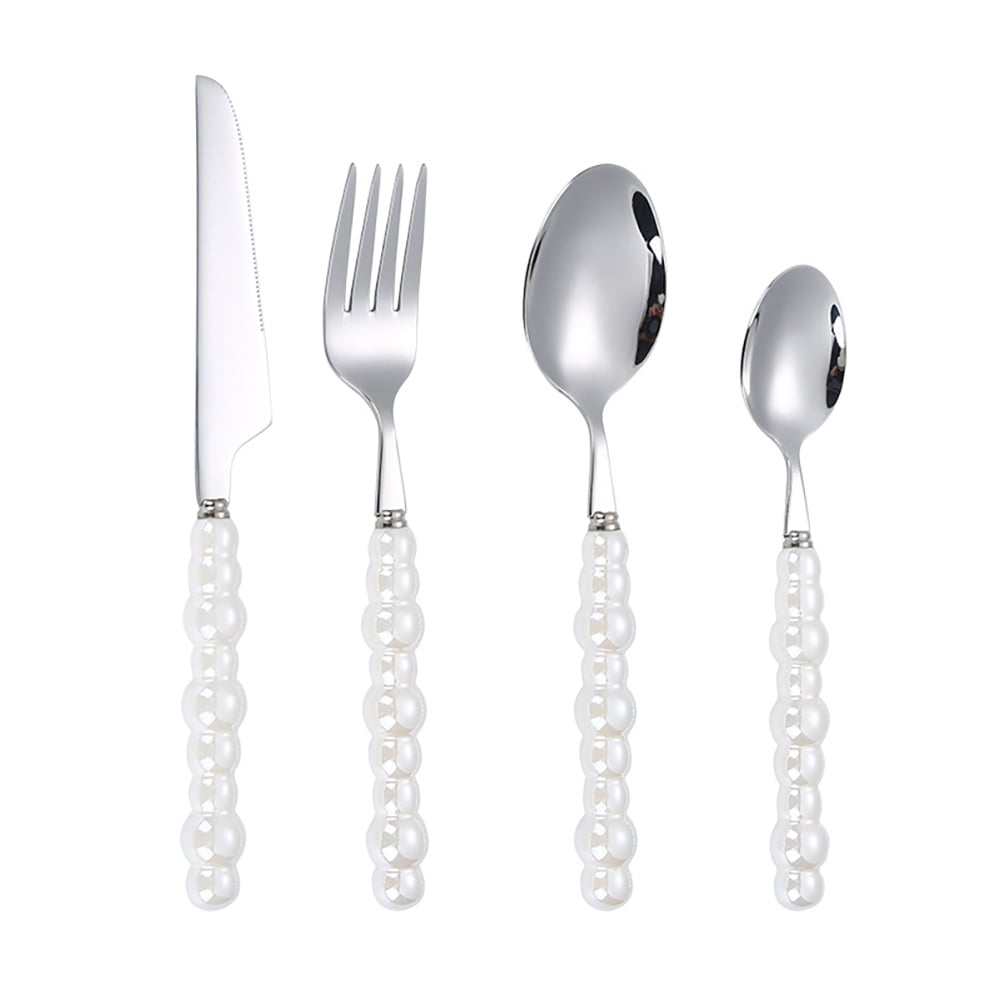HMR - Modern Flatware Set for 4 Ceramic Unique White Pearl 16-Piece Cutlery Set
