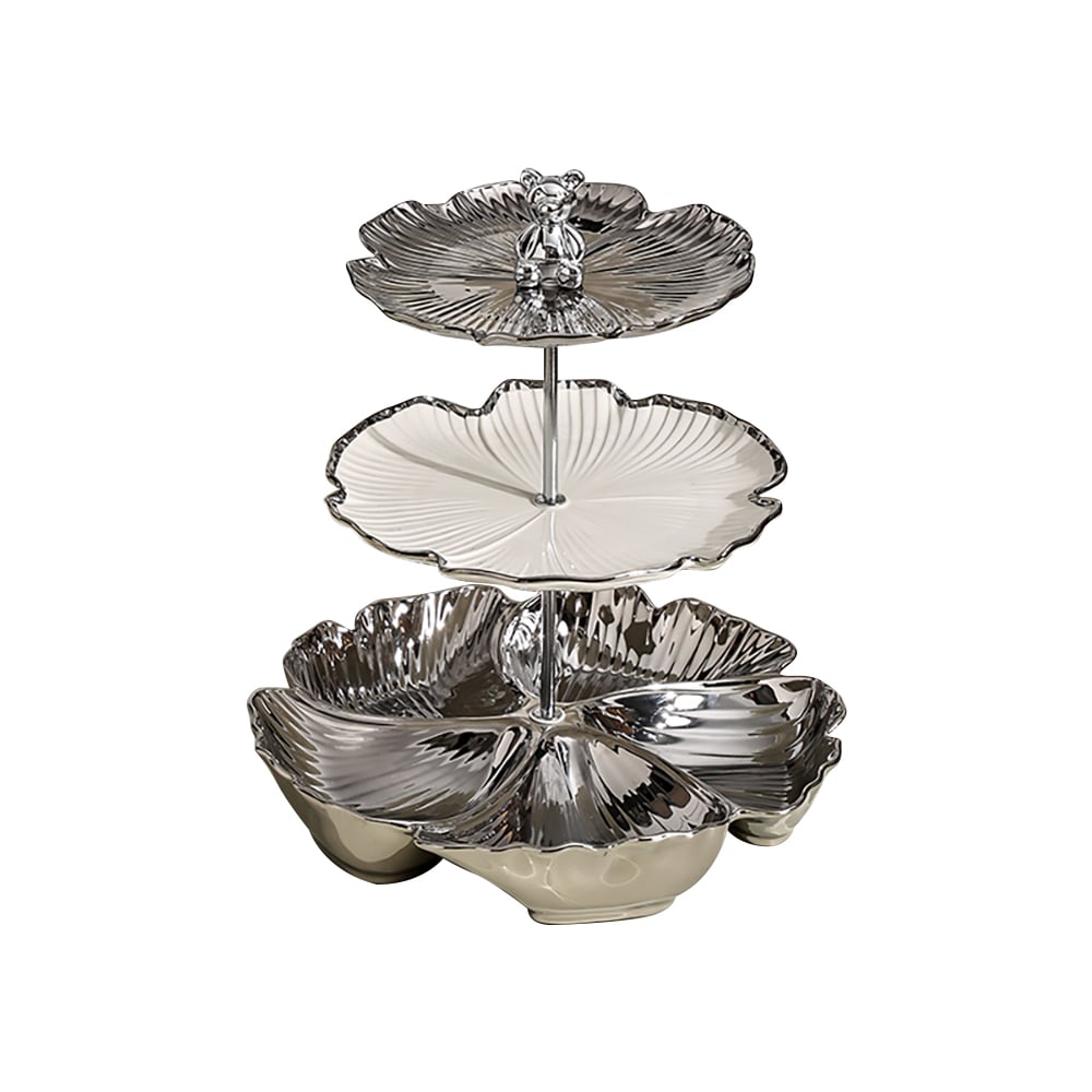 HMR - 3 Tier White & Silver Fruit Bowl Ceramic Irregular Serving Tray Decor Cupcake Stand