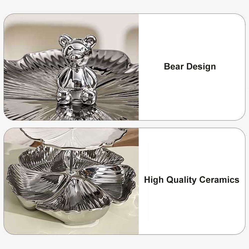 HMR - 3 Tier White & Silver Fruit Bowl Ceramic Irregular Serving Tray Decor Cupcake Stand