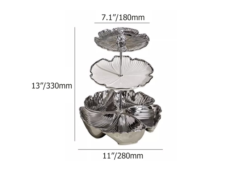HMR - 3 Tier White & Silver Fruit Bowl Ceramic Irregular Serving Tray Decor Cupcake Stand