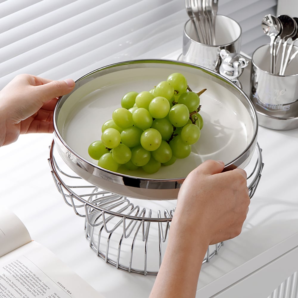 HMR - White Fruit Basket Round Decorative Bowl Ceramic & Metal Snack Serving Tray