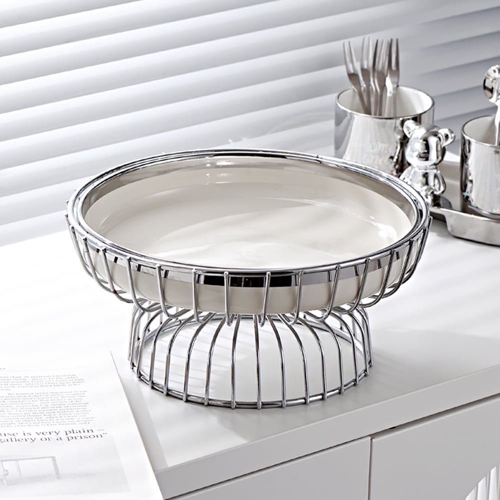 HMR - White Fruit Basket Round Decorative Bowl Ceramic & Metal Snack Serving Tray