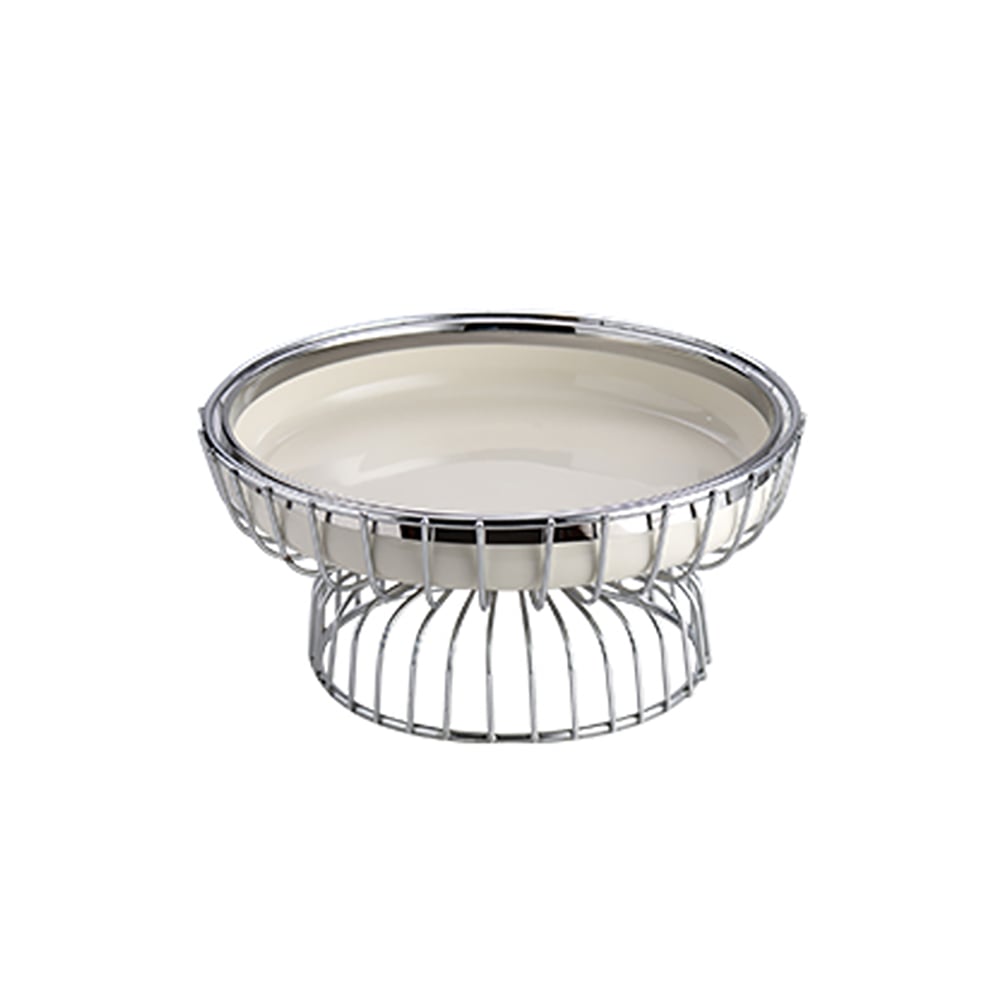 HMR - White Fruit Basket Round Decorative Bowl Ceramic & Metal Snack Serving Tray