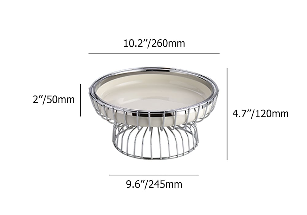 HMR - White Fruit Basket Round Decorative Bowl Ceramic & Metal Snack Serving Tray