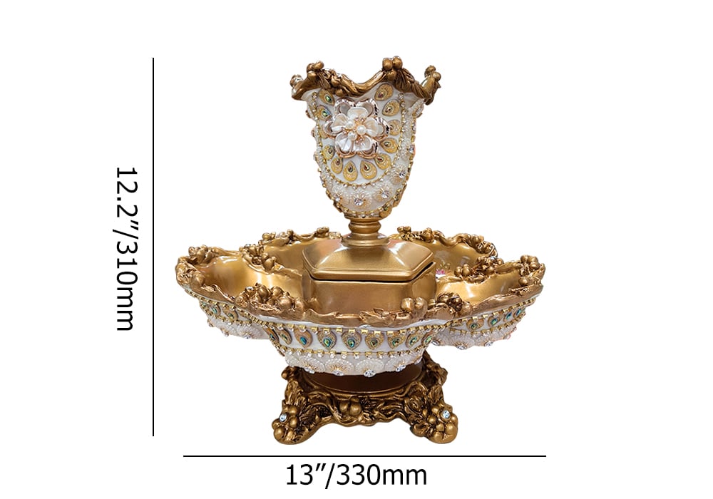 HMR - 2 Tiered Gold & White Fruit Basket Glam Plate with Removable Vase Resin Snack Tray Decor