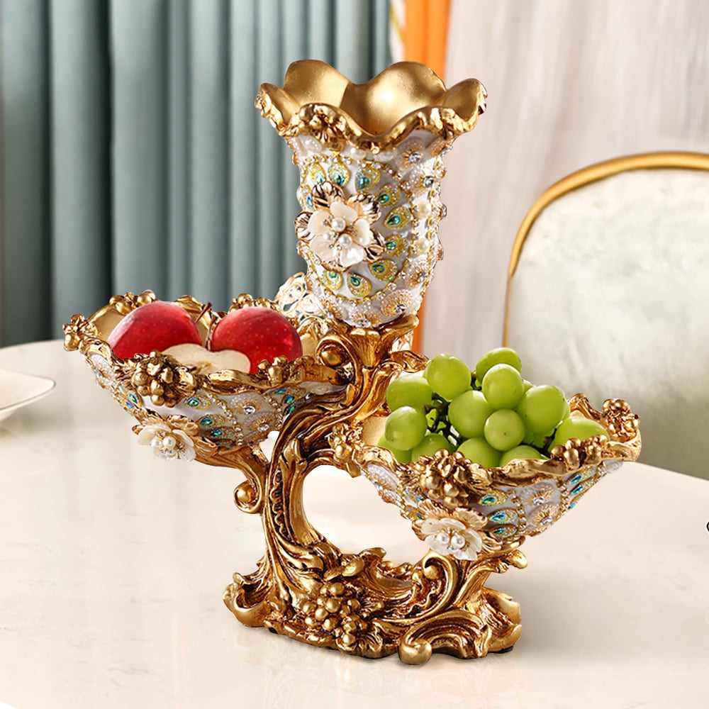 HMR - Shinely 2 Tiered Gold & White Fruit Basket Plate with Vase Resin Snack Tray Decor