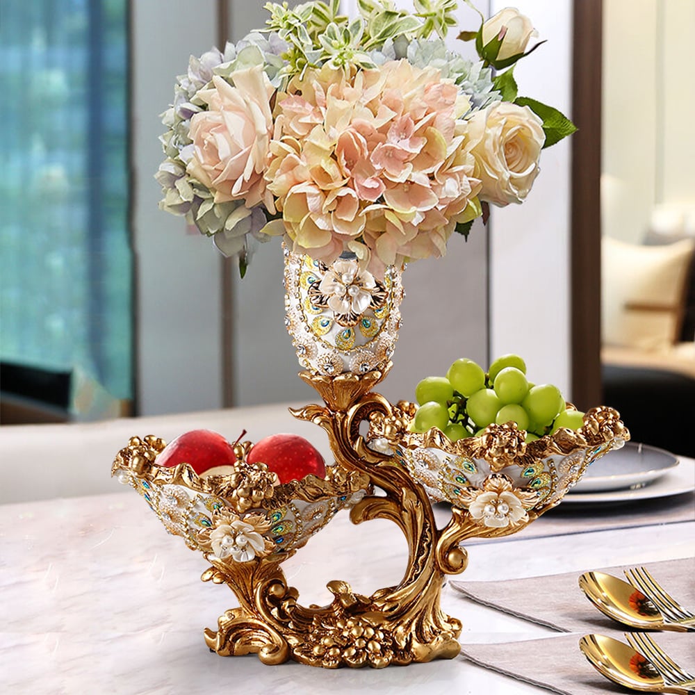 HMR - Shinely 2 Tiered Gold & White Fruit Basket Plate with Vase Resin Snack Tray Decor