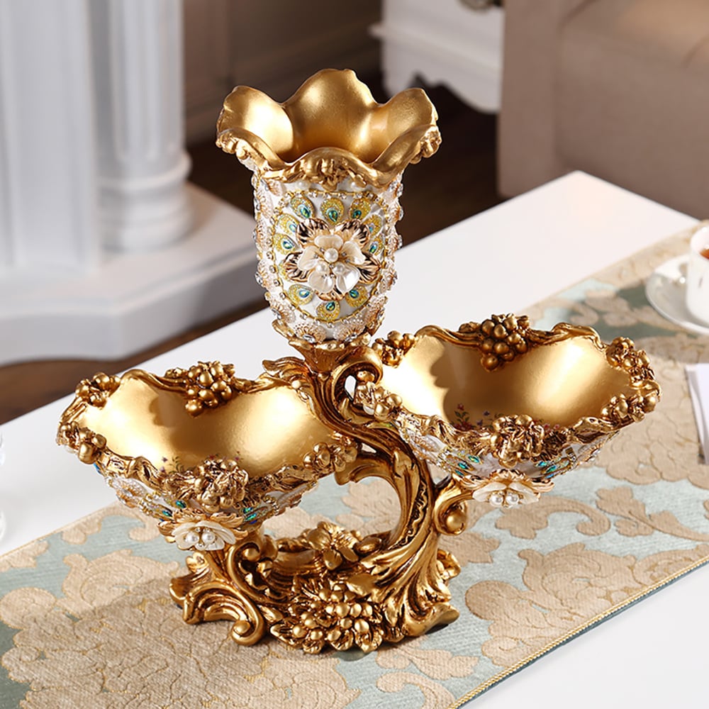 HMR - Shinely 2 Tiered Gold & White Fruit Basket Plate with Vase Resin Snack Tray Decor