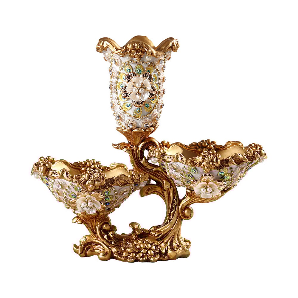 HMR - Shinely 2 Tiered Gold & White Fruit Basket Plate with Vase Resin Snack Tray Decor