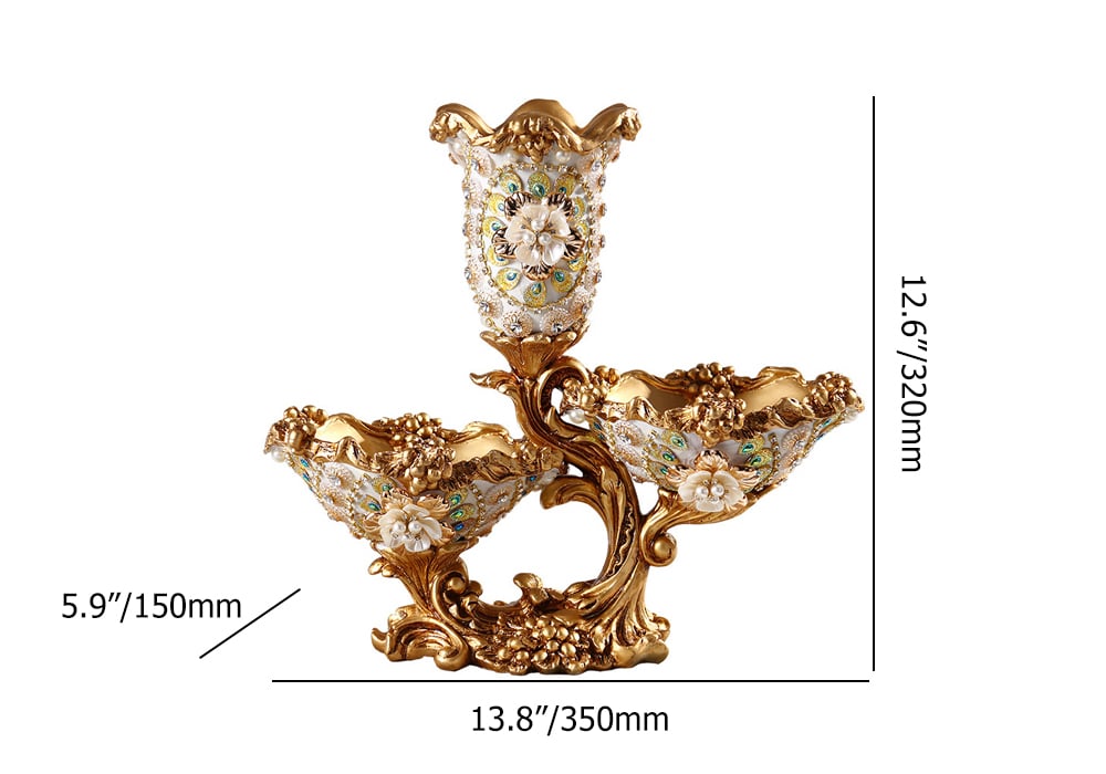 HMR - Shinely 2 Tiered Gold & White Fruit Basket Plate with Vase Resin Snack Tray Decor