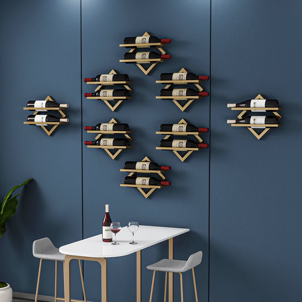 HMR - Gold Wall Mounted Wine Bottle Rack 6-Piece 12 Bottle Metal Hanging Wine Rack