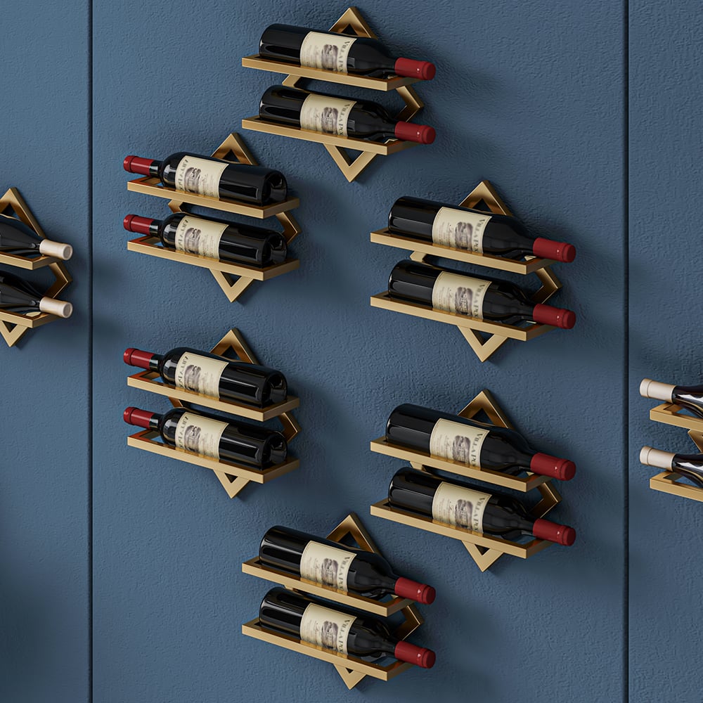 HMR - Gold Wall Mounted Wine Bottle Rack 6-Piece 12 Bottle Metal Hanging Wine Rack
